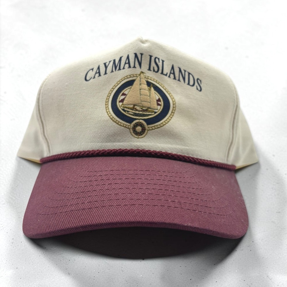 Vintage Trucker Hat Mohr's OSFA Cream Burgundy Cotton Cayman Islands Sailboat